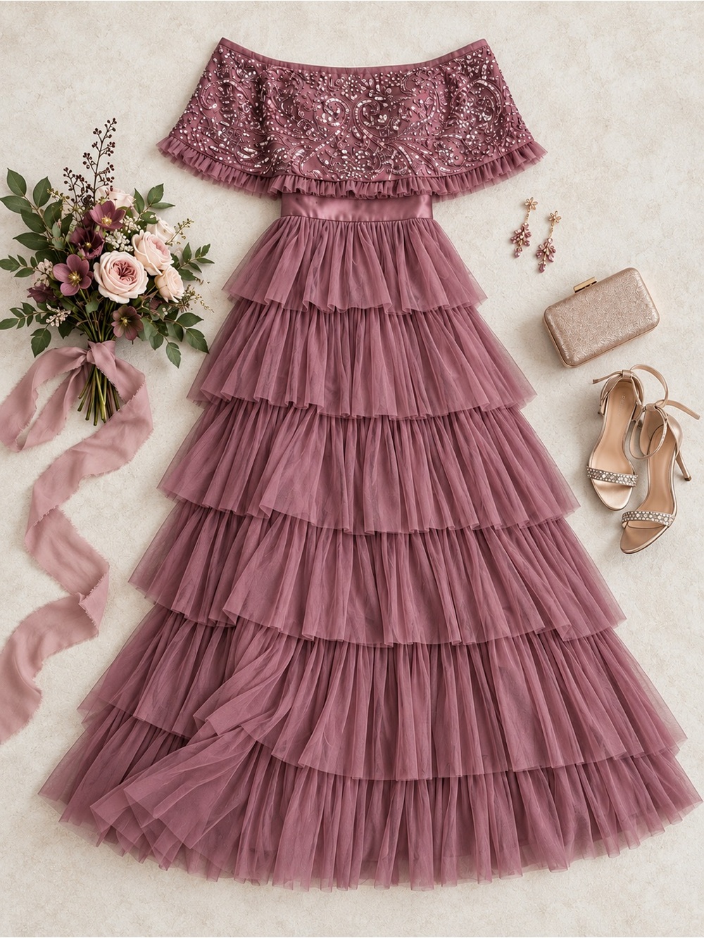 Beauut ASOS Mauve Embellished Bardot Tiered Tulle Ballgown Maxi Dress 4